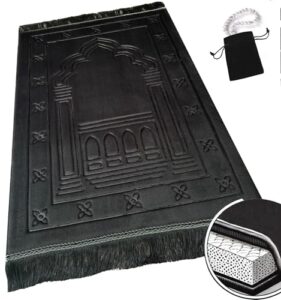 islamika orthopedic prayer rug memory foam muslim prayer mat - padded very thick prayer rug sajadah for men women for eid travel ramadan, soft and luxury (black) (black)