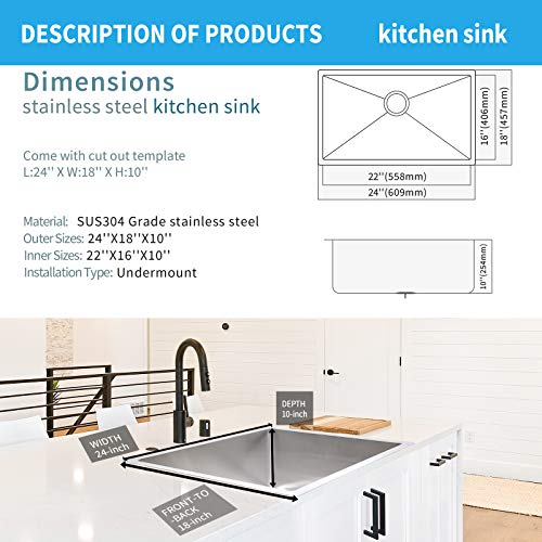 24-Inch Undermount Workstation Kitchen Sink, 20 Gauge Single Bowl Stainless Steel with Accessories (Pack of 3 Built-in Components), 24 Inch, Silver