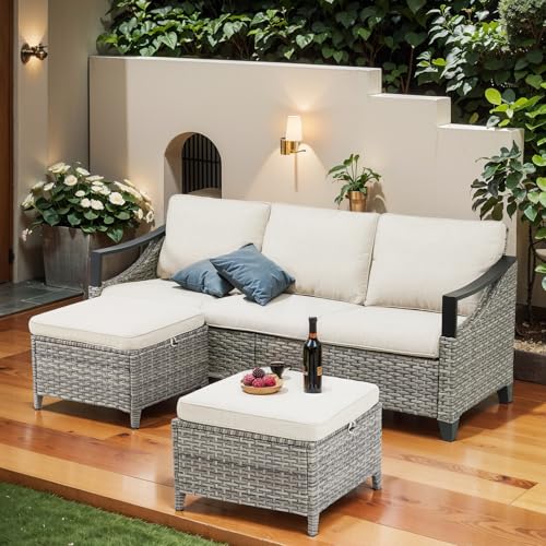 FEISHOMINOO Outdoor Patio Furniture, 5 Piece Patio Furniture All Weather 2-Seater Outdoor Sectional Sofa with Thick Cushions for Patio,Porch,Garden,Backyard (Beige, S-3 Sofa Set)