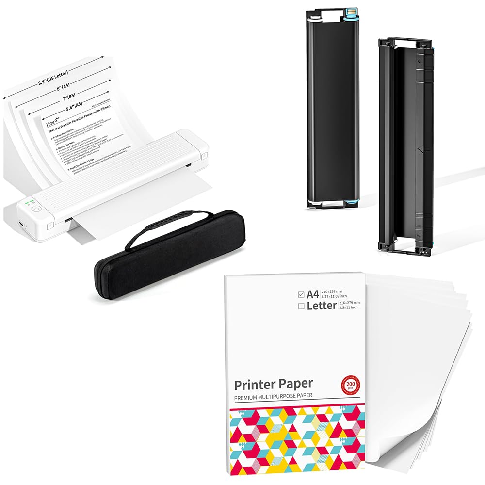 Itari P831 White Bluetooth Thermal Transfer Printer, Portable Printers Wireless for Travel, 300DPI Inkless Printer with 2 Roll Exclusive Thermal Transfer Ribbon and 200 Sheets A4 Printer Paper with Ca