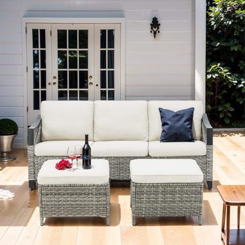 FEISHOMINOO Outdoor Patio Furniture, 5 Piece Patio Furniture All Weather 2-Seater Outdoor Sectional Sofa with Thick Cushions for Patio,Porch,Garden,Backyard (Beige, S-3 Sofa Set)