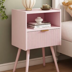 JOONEE Nightstand,Modern Bedside Table with Storage Drawer and Open Wood Shelf, for Living Room, Bedroom and Small Spaces, Accent Night Stand with Solid Wood Legs, Easy Assembly,Classic Pink