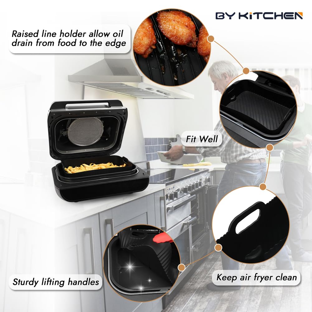 BYKITCHEN Reusable Air Fryer Silicone Liners for Ninja FG551/DG551/IG651 Foodi Smart XL Indoor Grill, Rectangle Silicone Air Fryer Liners for Ninja XL Grill Air Fryer, Ninja Foodi Grill Accessories