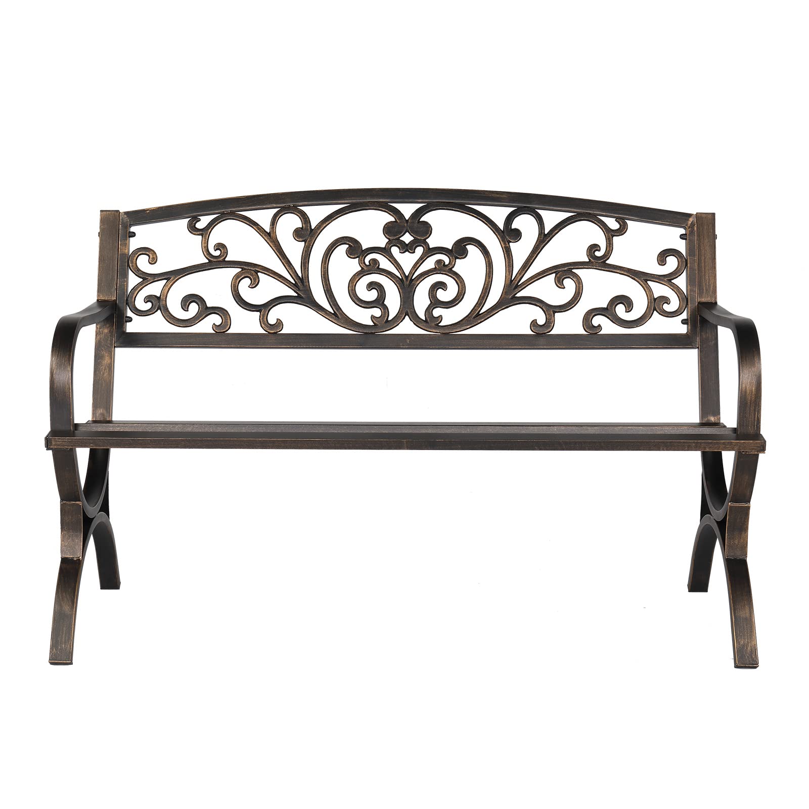 Butterfly Back Cross Feet Bronze Iron Bench, Powder-Coated Iron Outdoor Garden Bench, 50 x 23.82 x 33.27 inches, Bronze