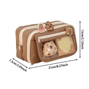 GUANGLU Cute Capybara Pencil Case, Capybara School Supplies, Clear Aesthetic Pencil Pouch with Cute Capybara Pins and Plush, Large Capacity Multi-layers Pen Case