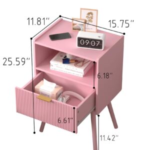 JOONEE Nightstand,Modern Bedside Table with Storage Drawer and Open Wood Shelf, for Living Room, Bedroom and Small Spaces, Accent Night Stand with Solid Wood Legs, Easy Assembly,Classic Pink