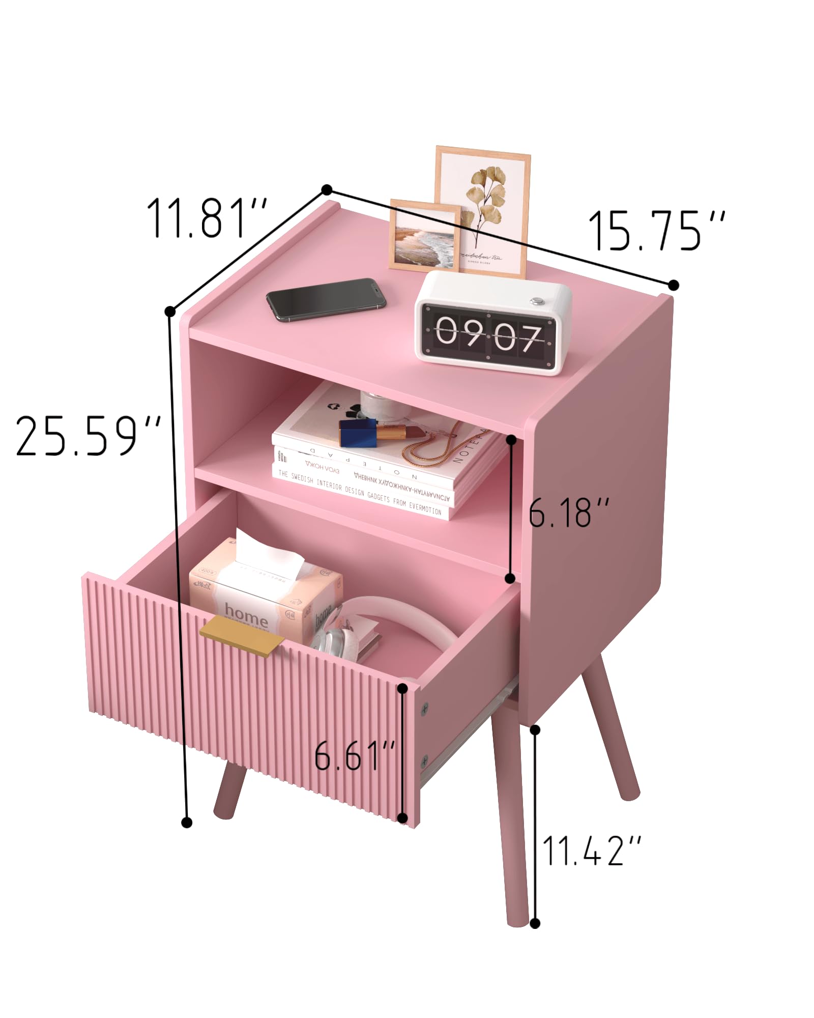 JOONEE Nightstand,Modern Bedside Table with Storage Drawer and Open Wood Shelf, for Living Room, Bedroom and Small Spaces, Accent Night Stand with Solid Wood Legs, Easy Assembly,Classic Pink