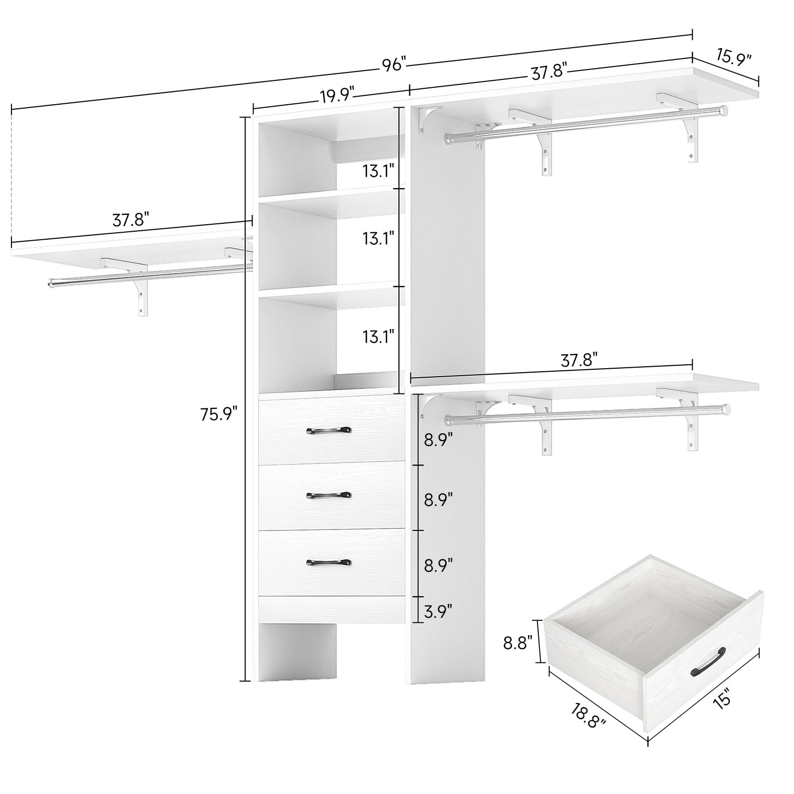 96 Inches Closet System, 8FT Walk In Closet Organizer with 3 Adjustable Shelves & 3 Hang Rods , Heavy Duty Clothes Rack with 3 Drawers, Built-In Garment Rack, 96"L x 16"W x 75"H, Load 1000 LBS, White