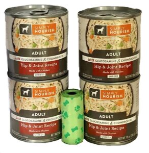 simply nourish adult hip & joint recipe shreds made with chicken. with glucosamine & chondroitin comes in 4-10 oz cans/plus dog waste bag.