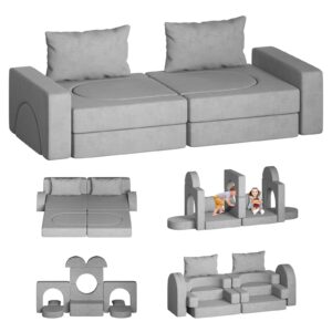 neoriver kids couch, 12pcs modular kids play couch with 2 pillows and tunnel, fold out toddler couch for playroom bedroom, creative kids sectional foam sofa for boys and girls, grey