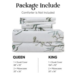 Simple&Opulence 100% Cotton Duvet Cover Set King Size, 3Pcs White Floral Botanical Printed Comforter Cover Set with Button Closure, Soft Breathable Bedding with Linen Trim for All Seasons