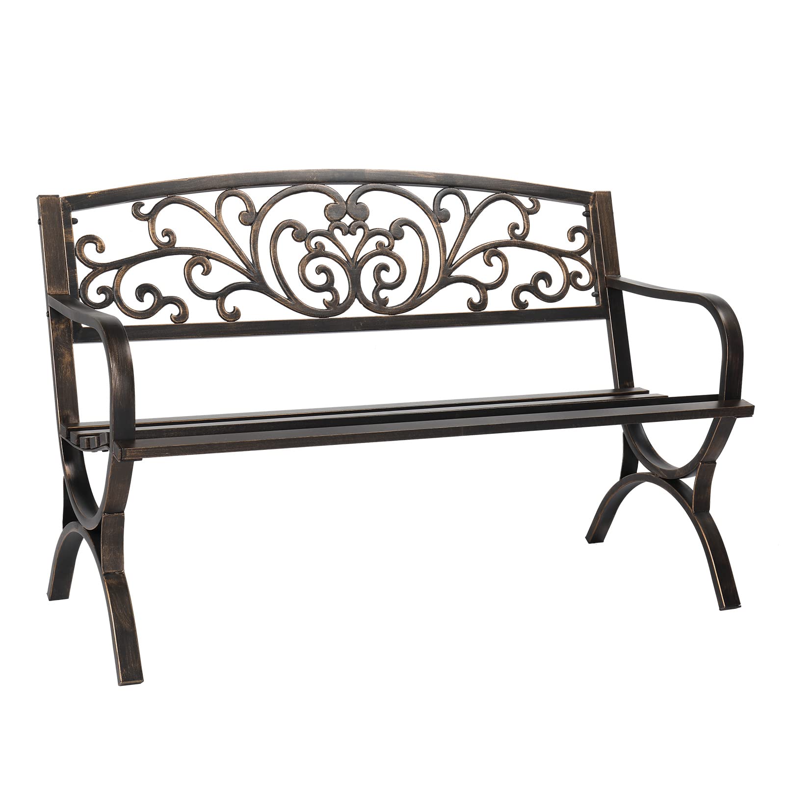 Butterfly Back Cross Feet Bronze Iron Bench, Powder-Coated Iron Outdoor Garden Bench, 50 x 23.82 x 33.27 inches, Bronze