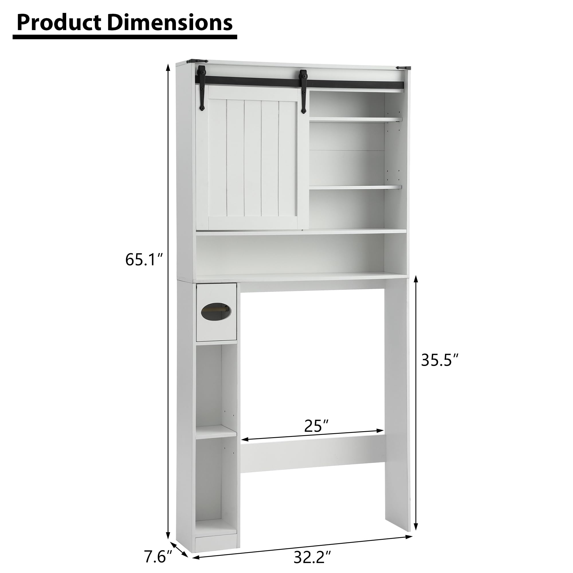 YOCONYO Over The Toilet Storage Cabinet, Farmhouse Over Toilet Cabinet Included Sliding Barn Door,Toilet Paper Holder Stand and Adjustable Bottom Bar, Freestanding Toilet Rack for Bathroom,White