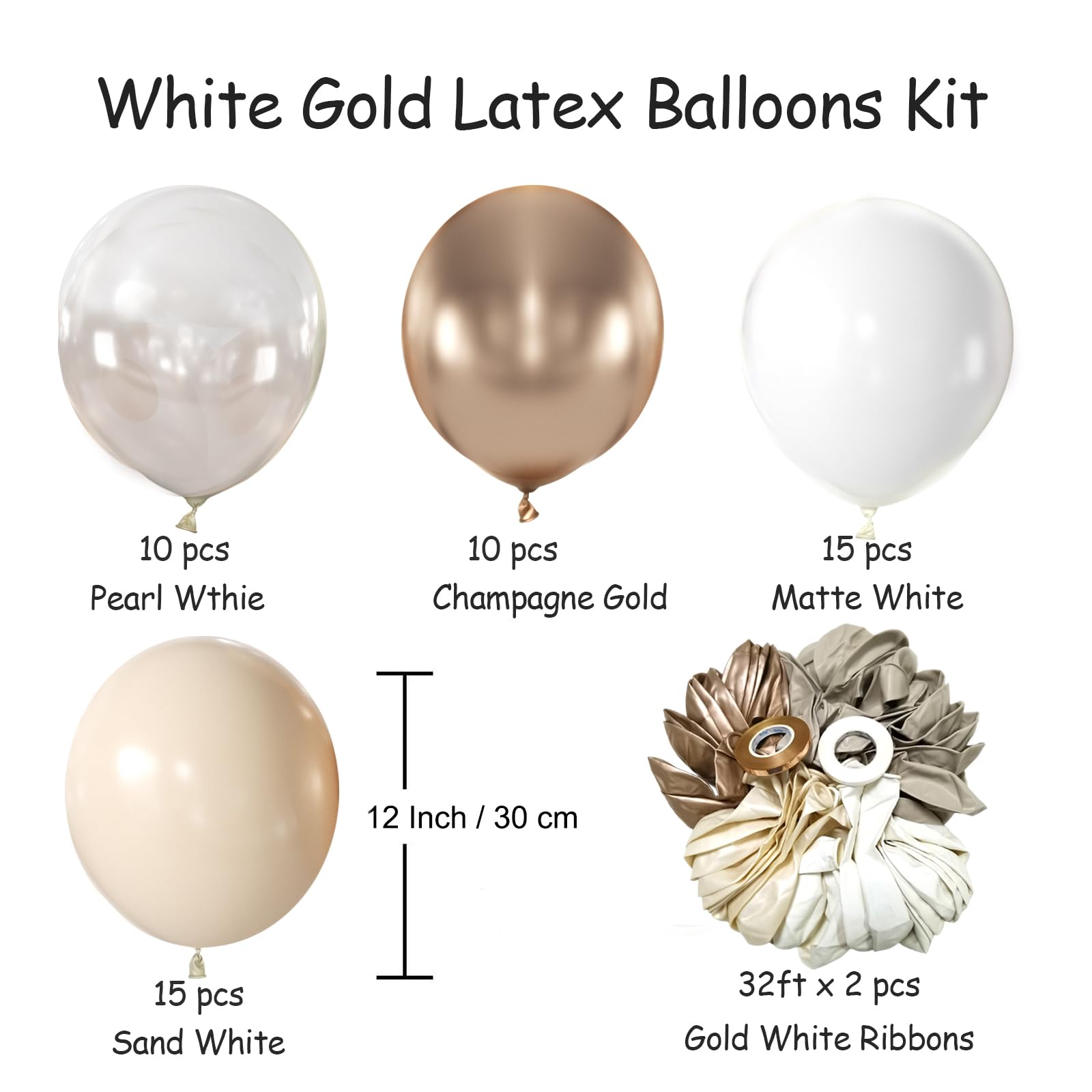 Sand White and Gold Balloons, 50PCS White and Metallic Champagne Gold Balloons 12 Inch Pearl White and Gold Latex Balloons for Birthday,Graduation,Baby Shower,Wedding Party Decorations