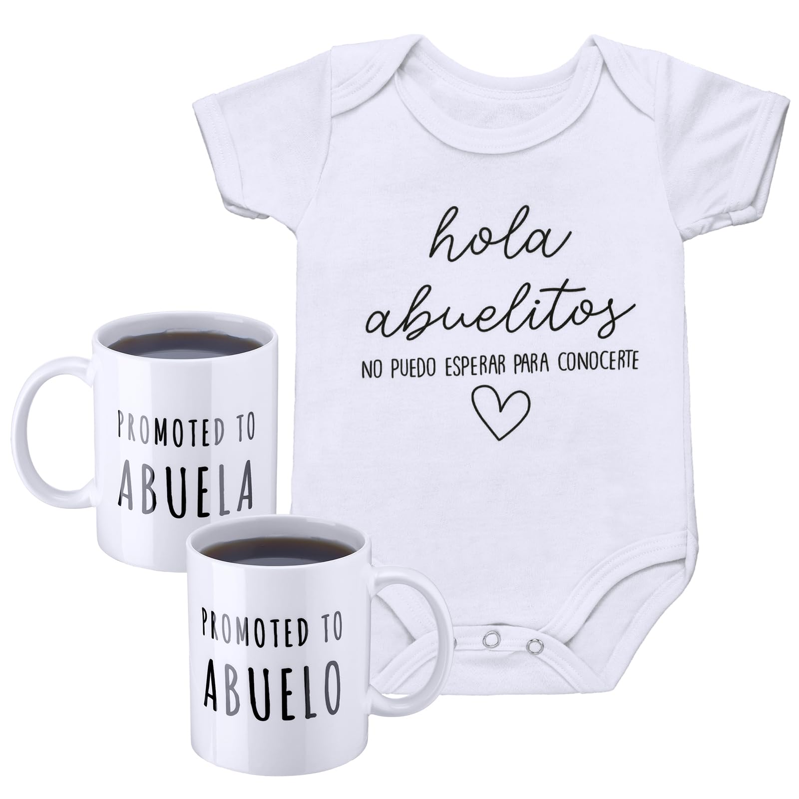 Tioncy Hola Abuelitos Spanish Pregnancy Announcement Bodysuit Promoted to Abuela and Abuelo Coffee Mugs,0-6 Months(White)