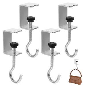 cobee 4 pack clamp-on under desk hooks, desk mount hanging bag holder metal hook adjustable headphones clamp organizer portable purse hanger clip reduce desk clutter for table desk under counter