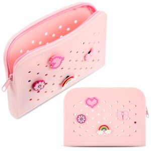 bulyoou pink silicone pencil case with shoe charm slots cute pencil bags pencil pouch aesthetic pencil pouch makeup pouch for women diy without charms