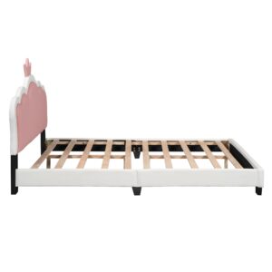 Merax Kid Full Upholstered Day Bed Frame with Crown Headboard, Wood Princess Low Platform Bed for Boys Girls,Easy Assemble White+Pink