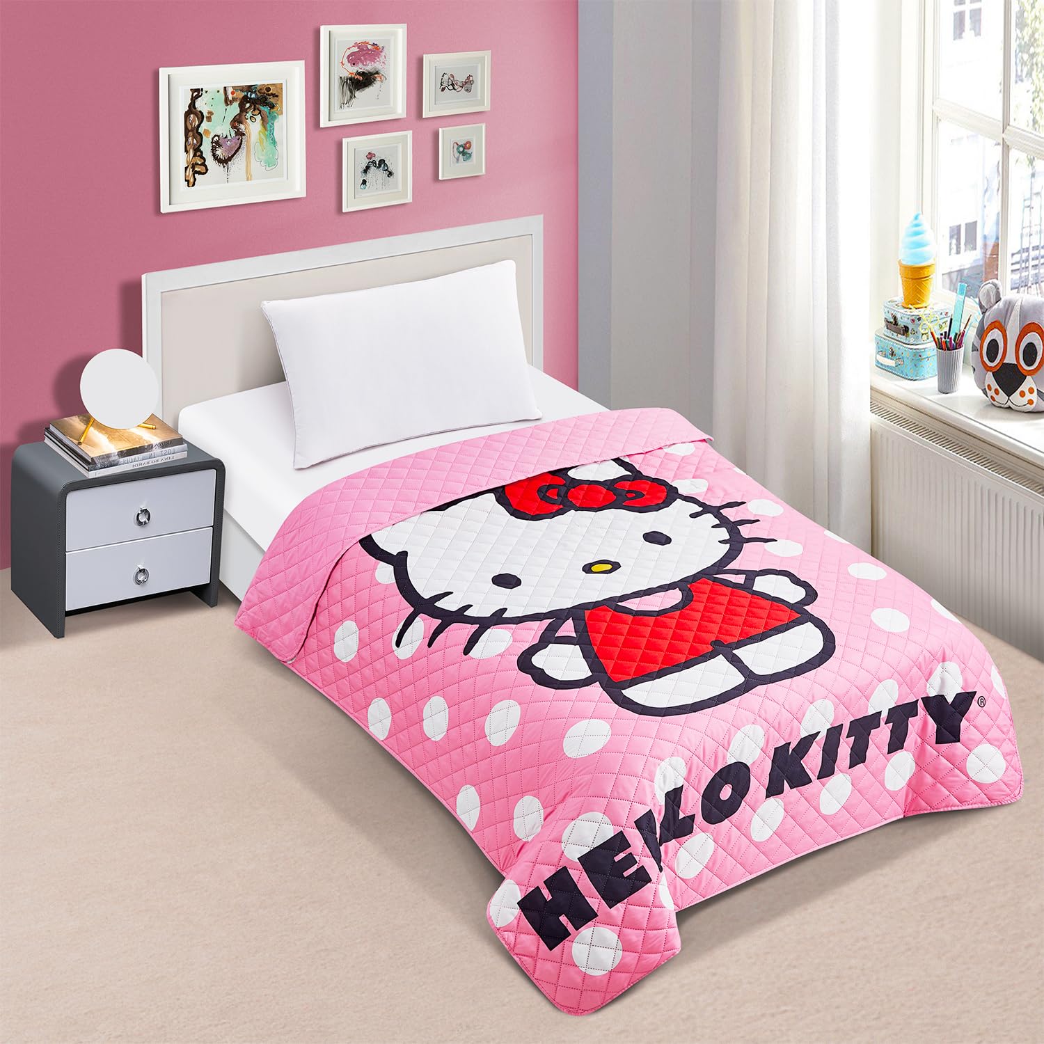 Hello Kitty Bedspread Twin Set for Kids - Bundle with Hello Kitty Quilted Bedspread for Twin Bed Plus Decal, More | Hello Kitty Twin Bedding Set for Girls