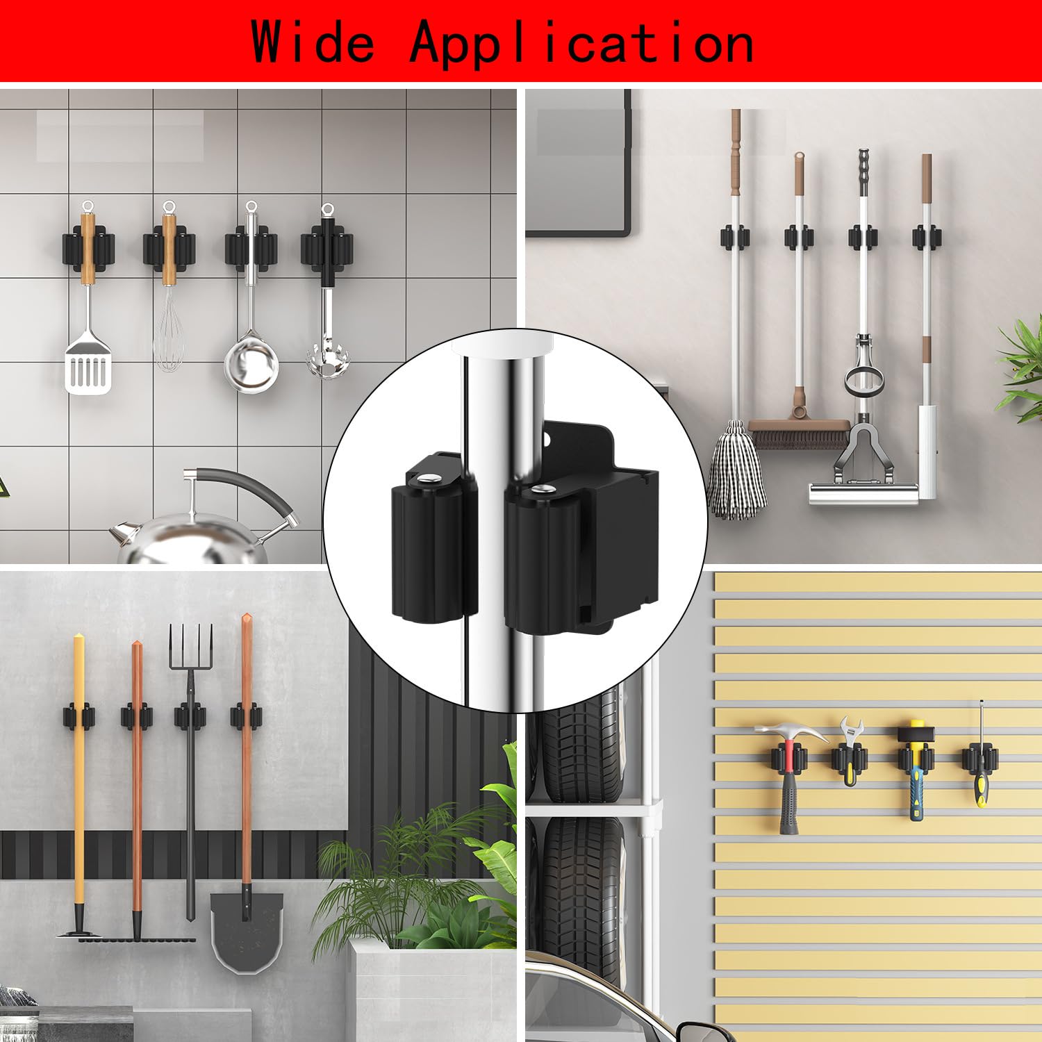 Broom Holder Wall Mounted 8 Pack Mop Clamp Clip Hanger Stainless Steel Organizer Gripper Mount Utility Rack with Installation Screws Self Adhesive for Shovel Handle Garden Tool Black