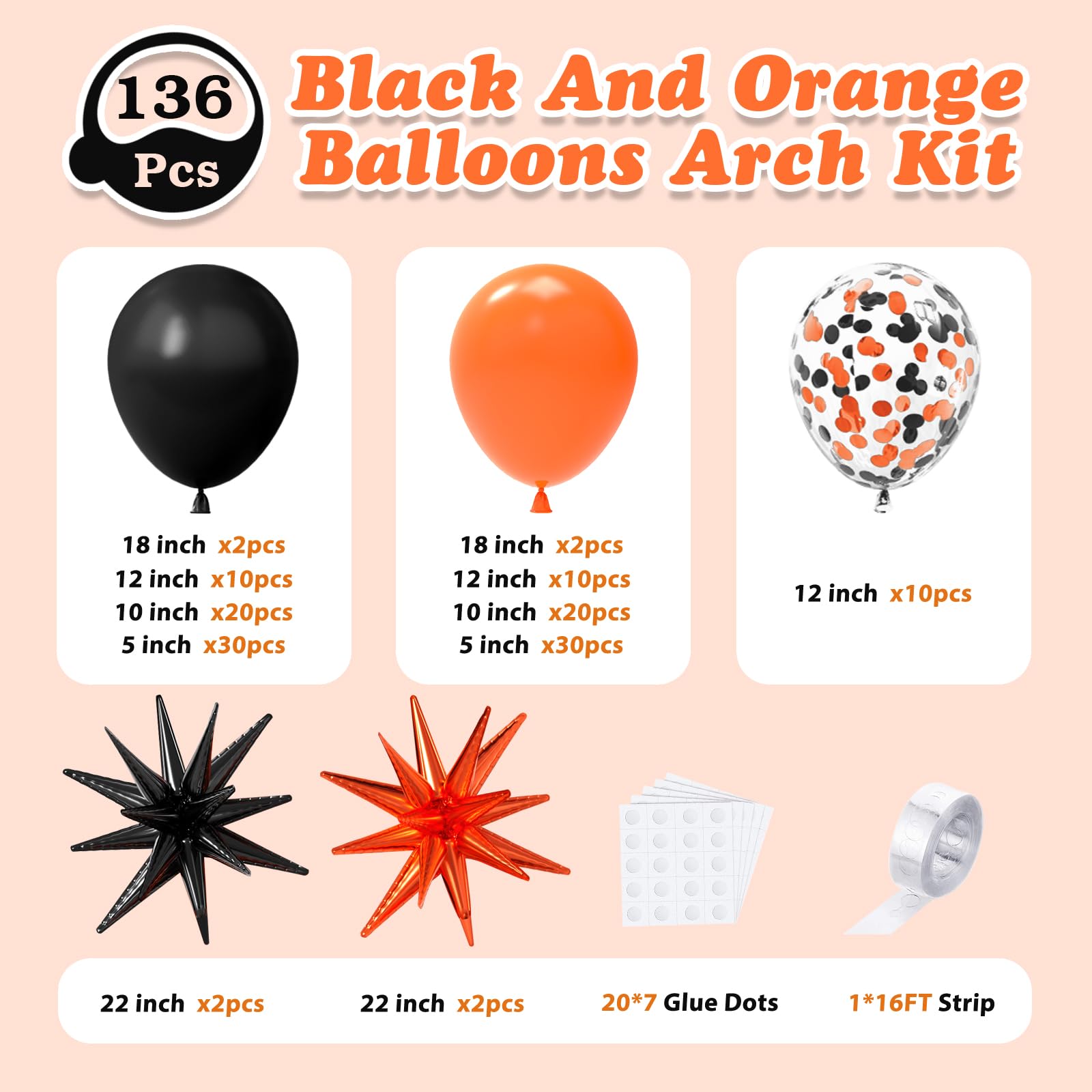 138Pcs Orange and Black Halloween Balloons Arch Kit with Stars - 5 10 12 18 inch Black Orange Garland Confetti Latex Party Balloons for Halloween Birthday Party Decorations