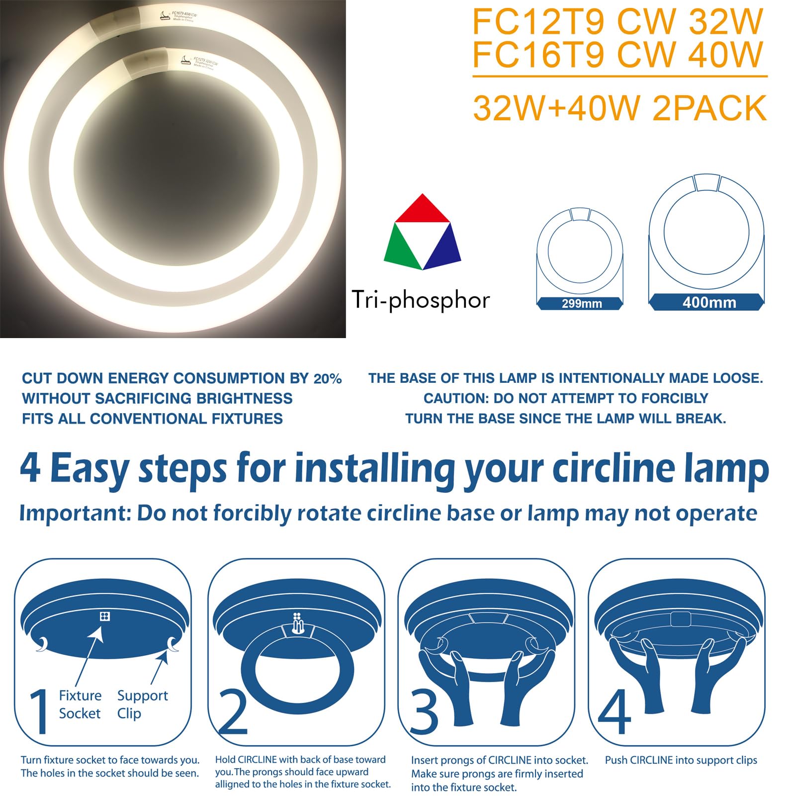 FC12T9/CW 32W and FC16T9/CW 40W Cool White Set, Round Fluorescent Light Bulb 12 inch T9 32 Watts & 16 inch 40 Watts Circular Bulb, Circline Kitchen and Bath Light Bulbs, 4100K, G10q 4 pin Prong