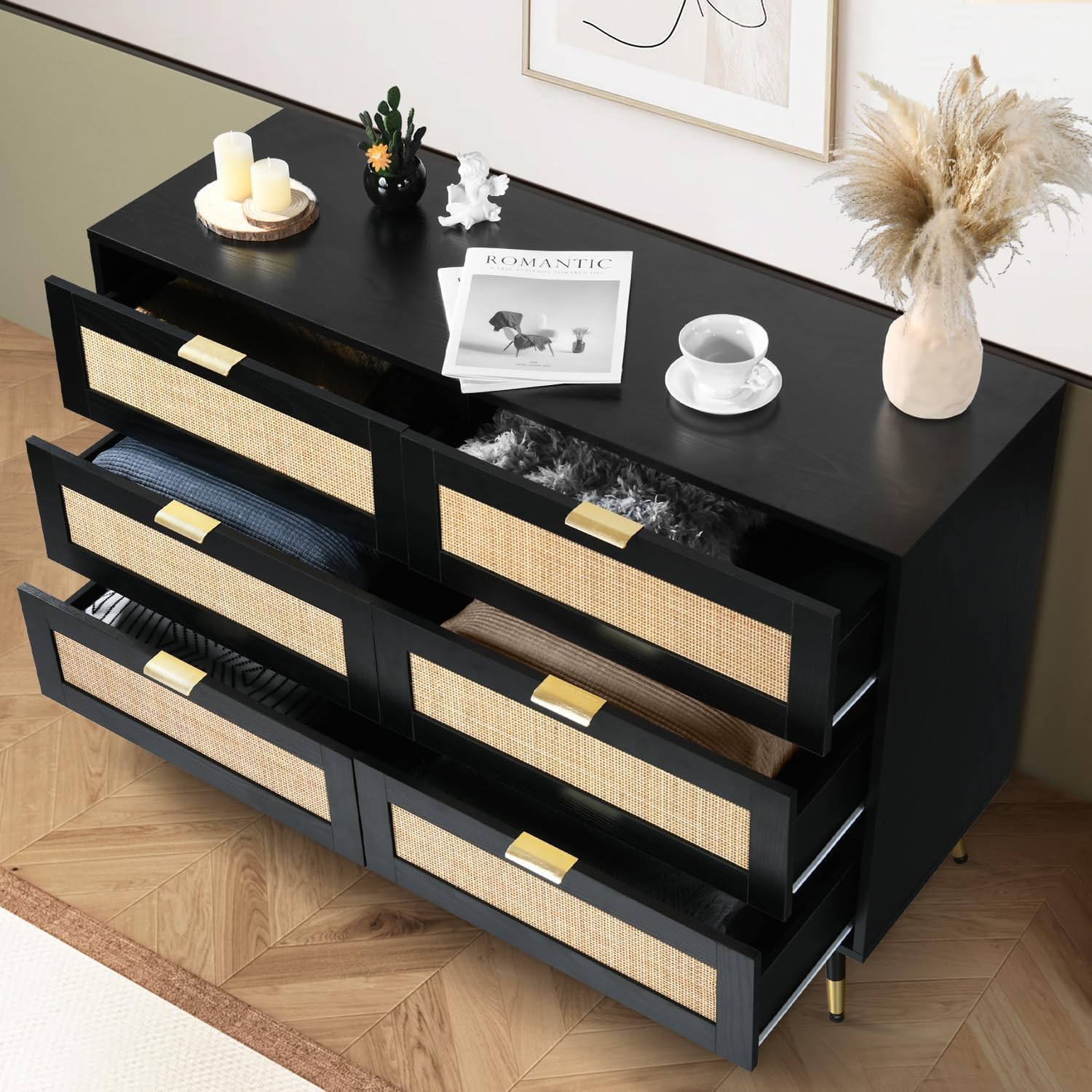 REVOMINCA Rattan 6 Drawer Dresser, Modern Boho Dresser for Bedroom, Rattan Chest of Drawers with Gold Handles & Legs, Modern Dressers for Bedroom, Black Rattan Dresser for Living Room and Hallway