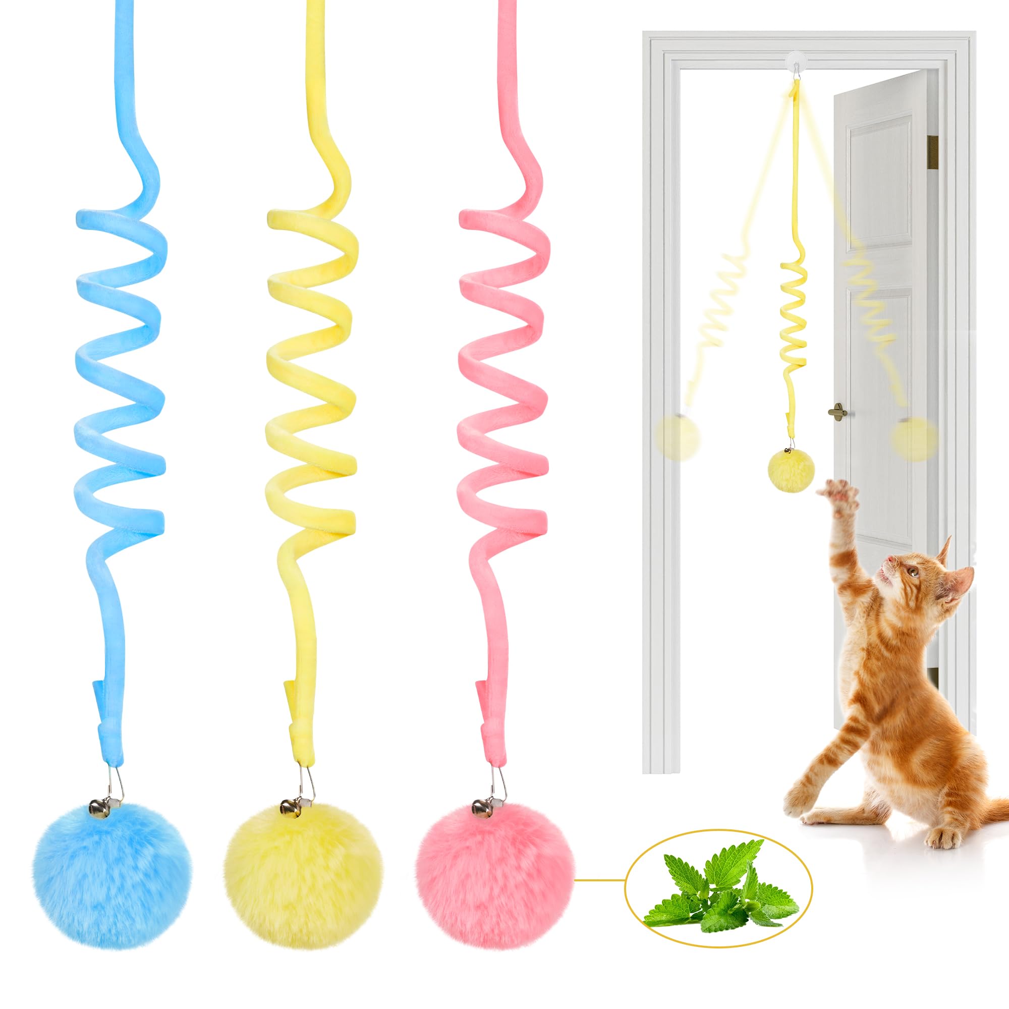 Potaroma Hanging Fluffy Cat Catnip Ball Toys 3 Pcs with Bell, Interactive Cat Teaser Retractable, Cat Toys Indoor Kitten Play Chase Exercise Physical Stimulation