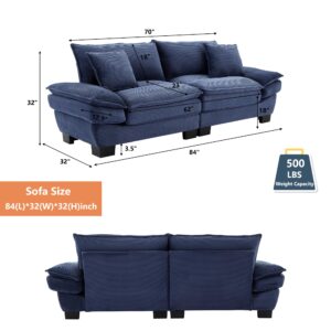 Anwick Loveseat Sofa 84" Deep Seat Corduroy Couch, Upholstered 2 Seater Sofa with Pillows, Modern Comfy Sofas for Living Room Bedroom Apartment (Blue)