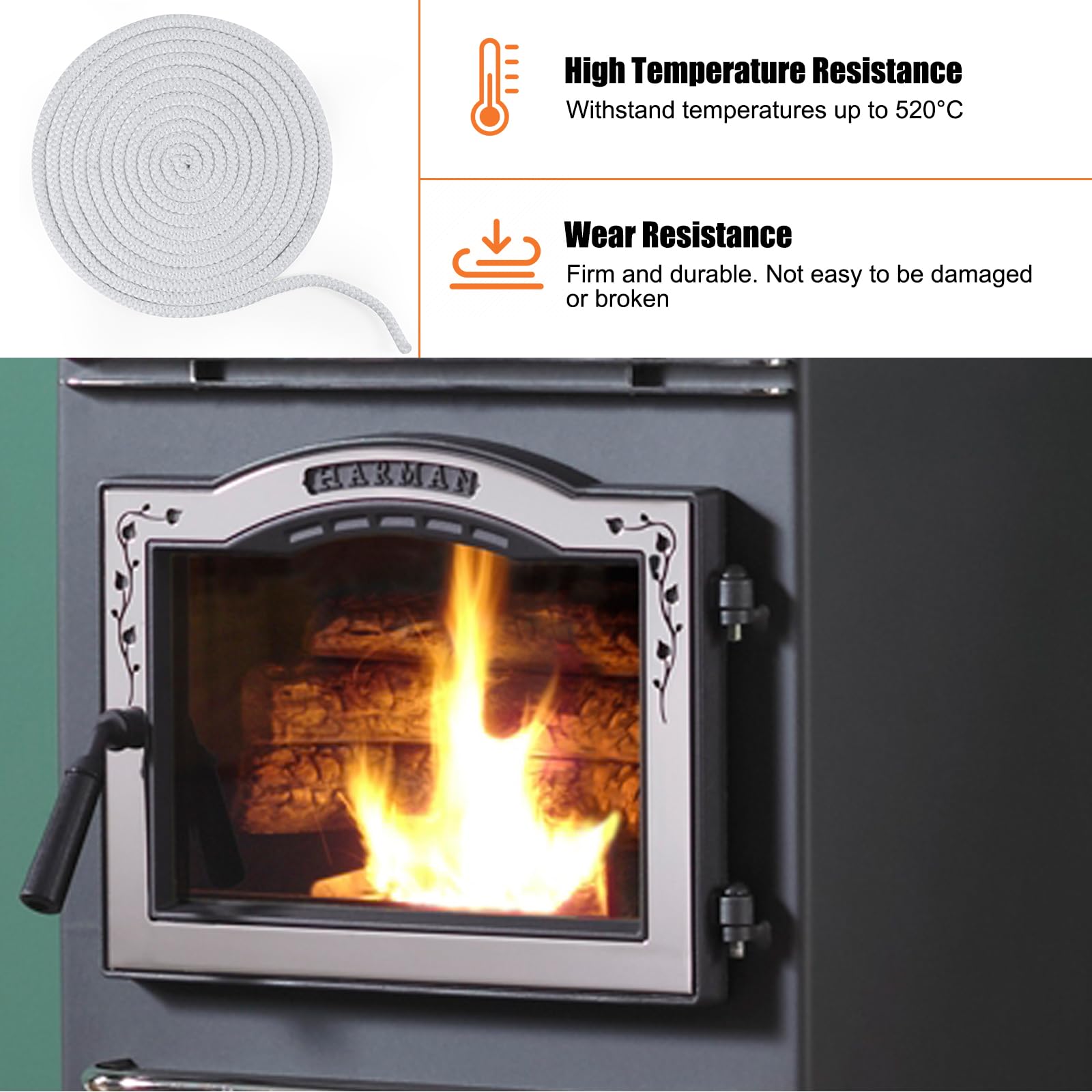 Barbqtime 1-00-00888-20 Door Gasket for Harman P68, P43, P61, P35i, P38, PC45, Accentra 52i, Advance Pellet Stoves and Harman 300i Woodstoves, 1/2" x 20FT Fiberglass Seal Stove Gasket Rope Replacement