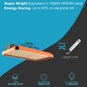 Lightdot 2FT LED High Bay Shop Lights,100-277v Linkable,200W 2FT LED Light Fixtures for Garage Workshop Supermarket, 30000LM [Eqv. 1000W MH] 5000K,Flush,Pipe and Hanging Mouting Available-2Pack,Orange