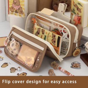 GUANGLU Cute Capybara Pencil Case, Capybara School Supplies, Clear Aesthetic Pencil Pouch with Cute Capybara Pins and Plush, Large Capacity Multi-layers Pen Case