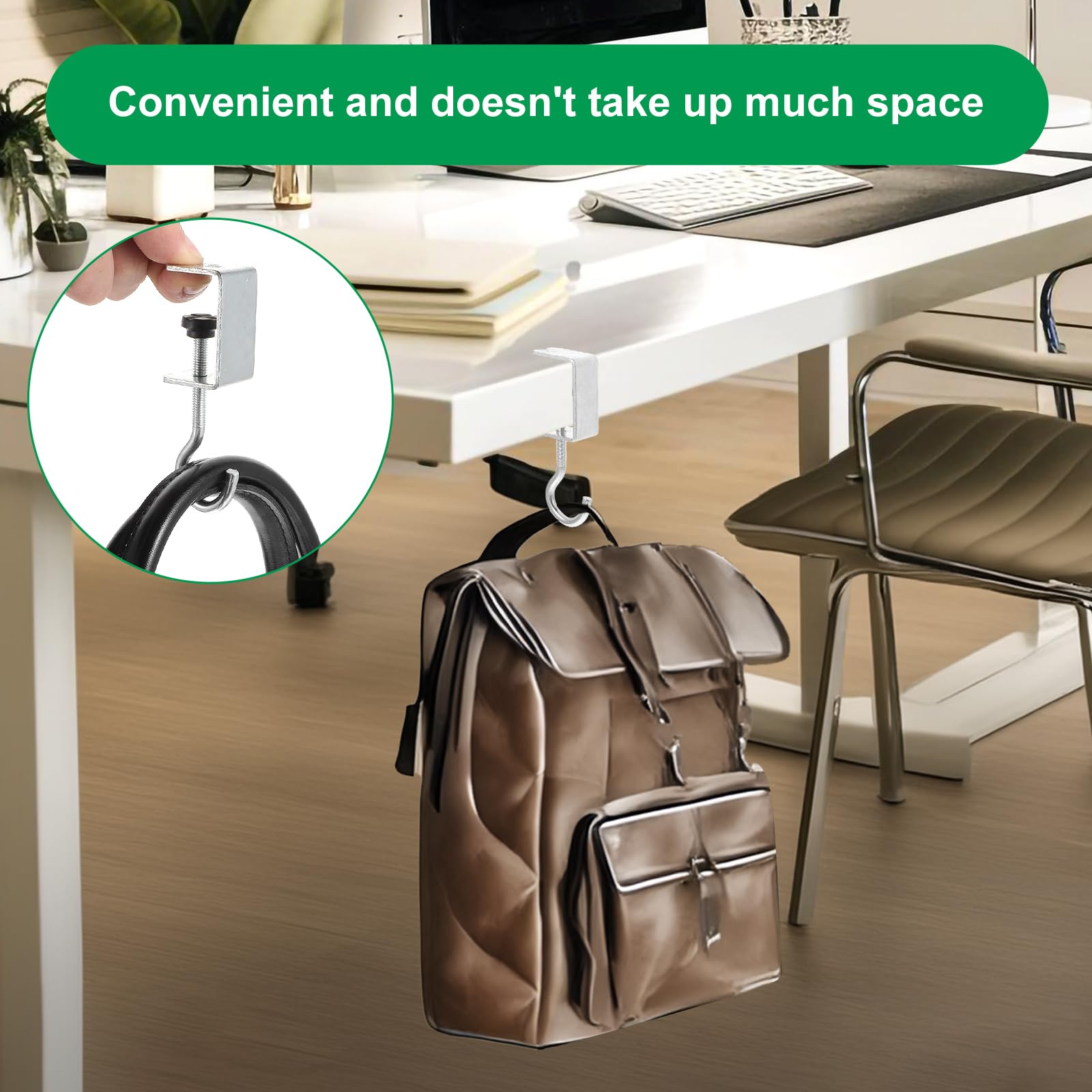 cobee 4 Pack Clamp-On Under Desk Hooks, Desk Mount Hanging Bag Holder Metal Hook Adjustable Headphones Clamp Organizer Portable Purse Hanger Clip Reduce Desk Clutter for Table Desk Under Counter