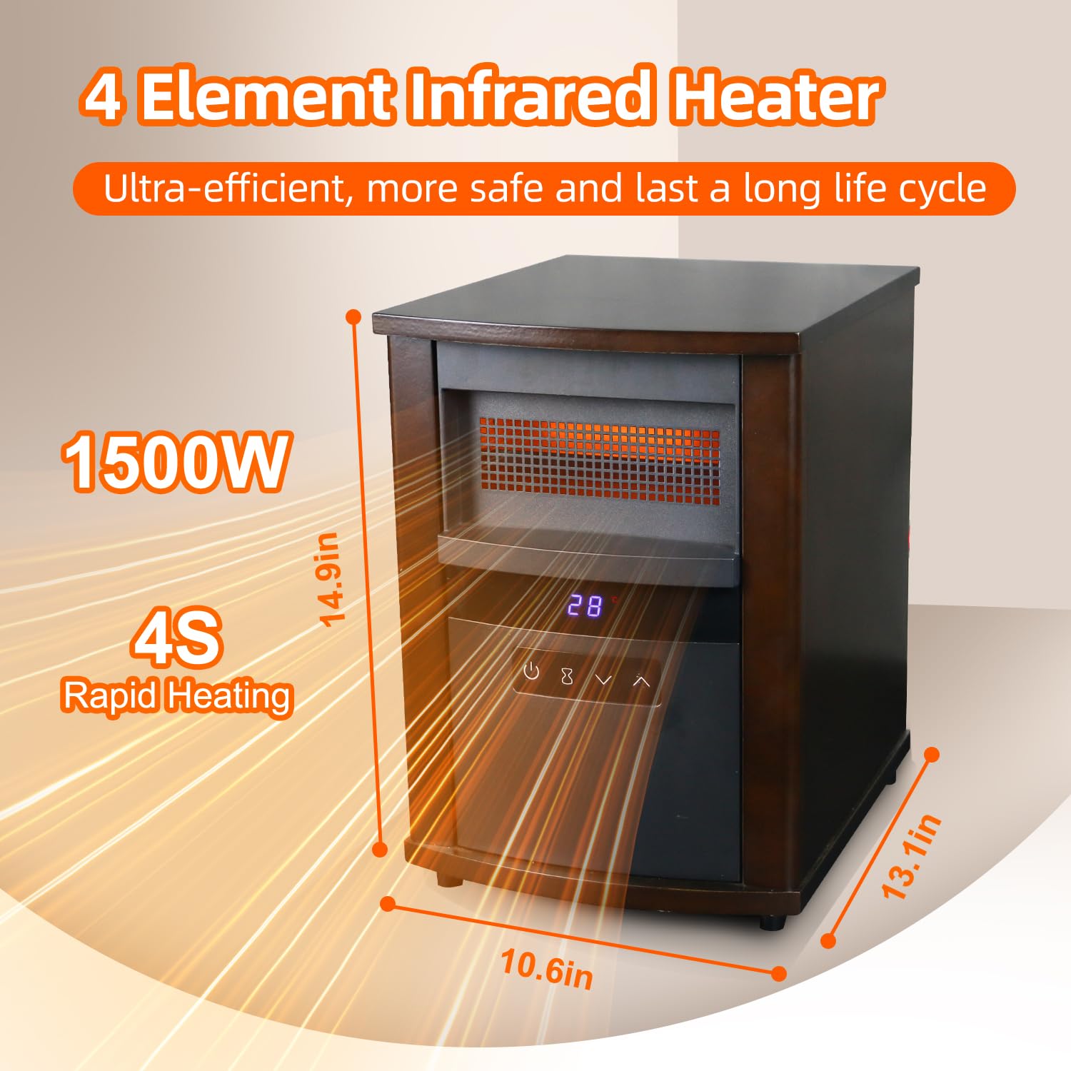 Elevon Space Heaters for Indoor Use, 1500W Infrared Quartz Wood Cabinet Heater with Adjustable Thermostat, Overheat Protection Space Heater for Large Room