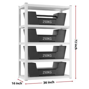 Garage Shelving 1650LBS Storage Shelves Heavy Duty Garage Shelves 5 Tier Adjustable Metal Shelves for Garage Storage Rack Heavy Duty Shelving Industrial Utility Shelf, 36" W x 72" H x 16" D, White