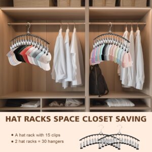 Hat Organizer for Baseball Caps - 2 Pack Metal Hat Hangers for Closet Storage w/15 Clips Holds 30 Hats - Hat Rack - Hat Holder for All Caps - Gifts for Men & Women