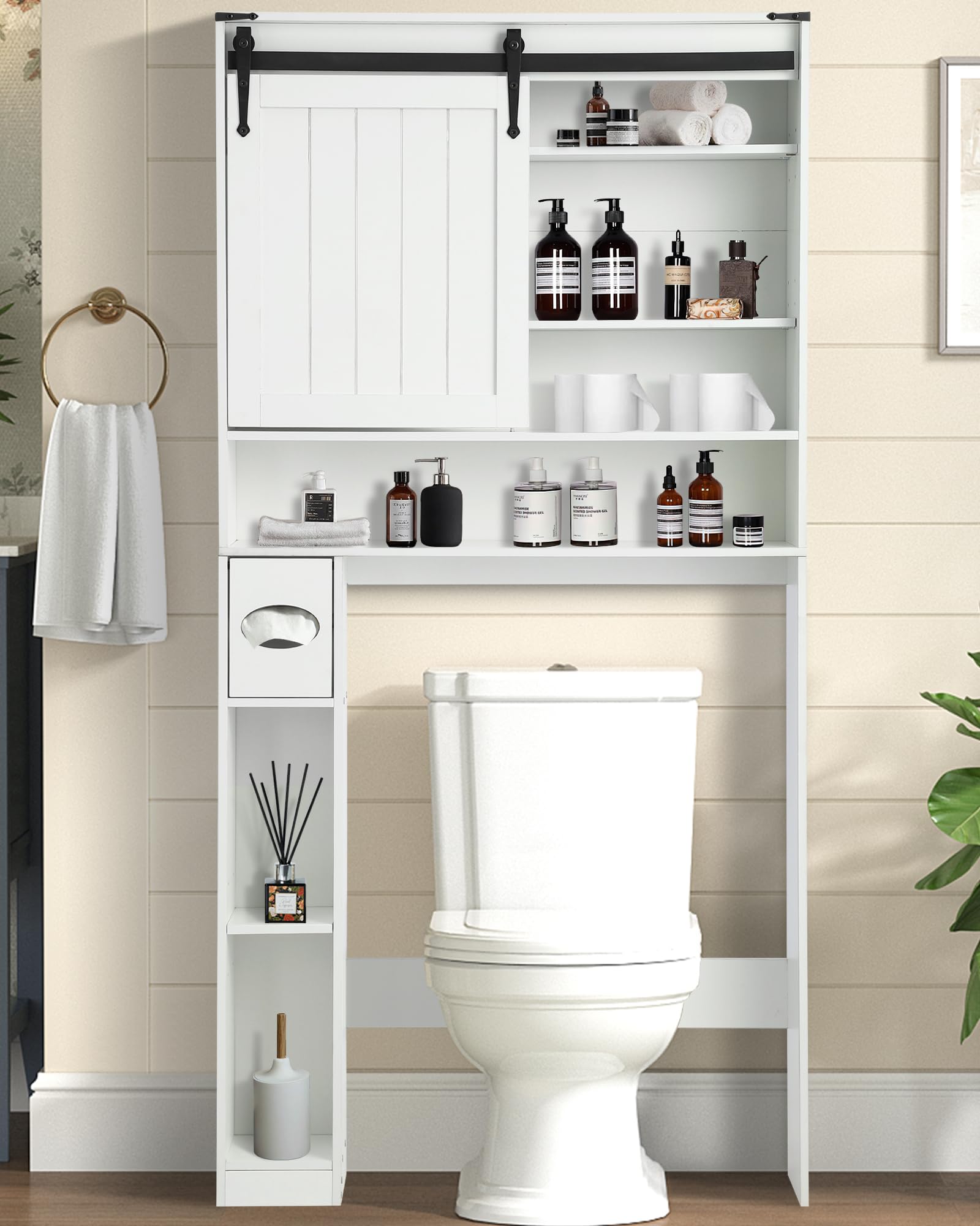 YOCONYO Over The Toilet Storage Cabinet, Farmhouse Over Toilet Cabinet Included Sliding Barn Door,Toilet Paper Holder Stand and Adjustable Bottom Bar, Freestanding Toilet Rack for Bathroom,White