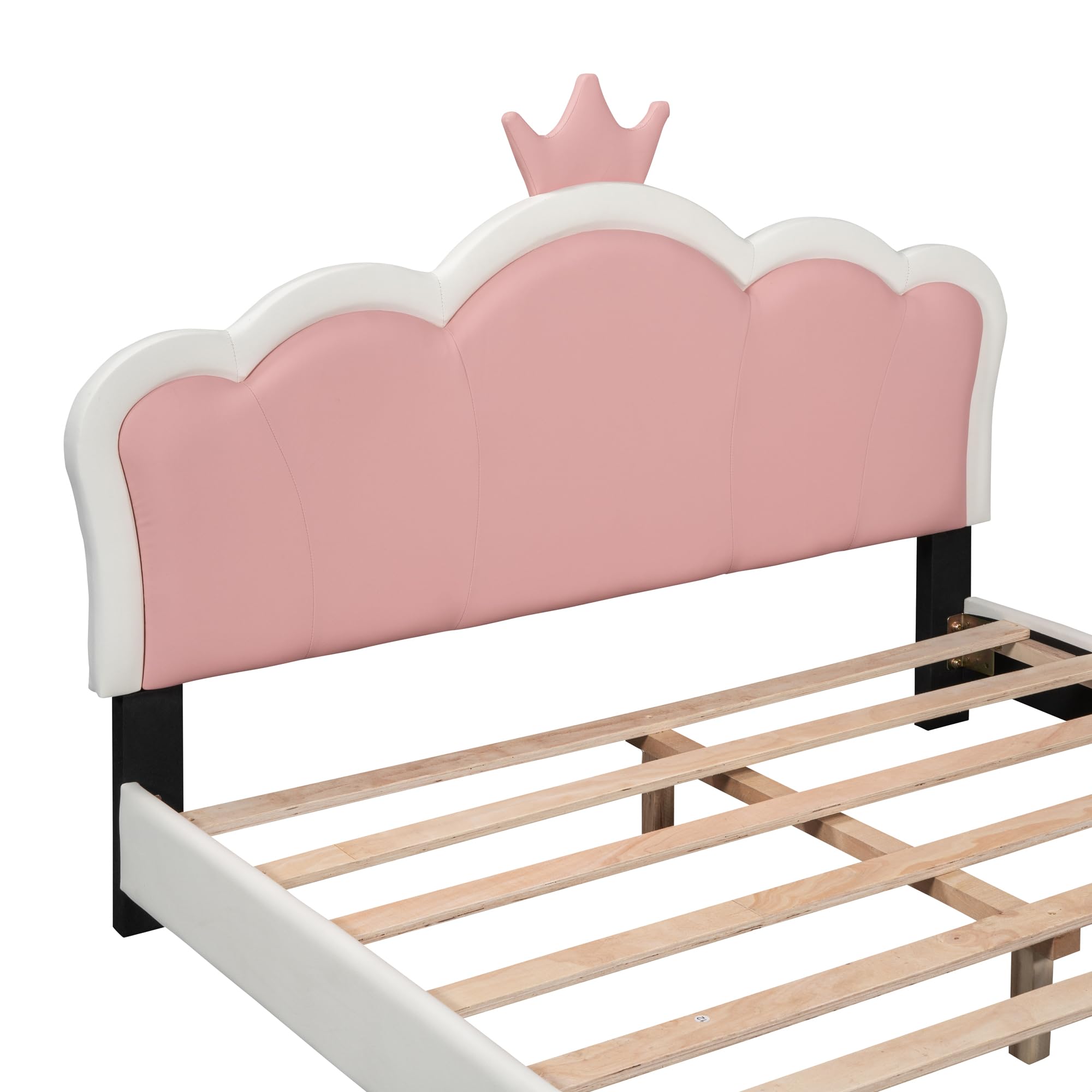 Merax Kid Full Upholstered Day Bed Frame with Crown Headboard, Wood Princess Low Platform Bed for Boys Girls,Easy Assemble White+Pink