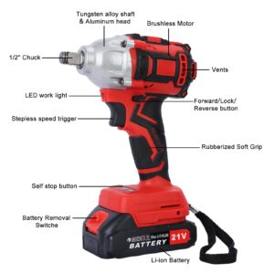 BESUFY Cordless Impact Wrench, Electric Wrench with 2 x 1500mAh Batteries, 21V and 520Nm High Torque, 1/2 Inch Electric Impact Driver, Brushless Motor Electric Impact Wrench for Car Lawn Mower Red