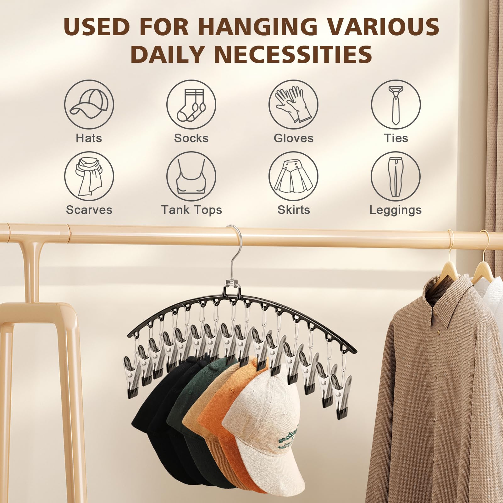 Hat Organizer for Baseball Caps - 2 Pack Metal Hat Hangers for Closet Storage w/15 Clips Holds 30 Hats - Hat Rack - Hat Holder for All Caps - Gifts for Men & Women