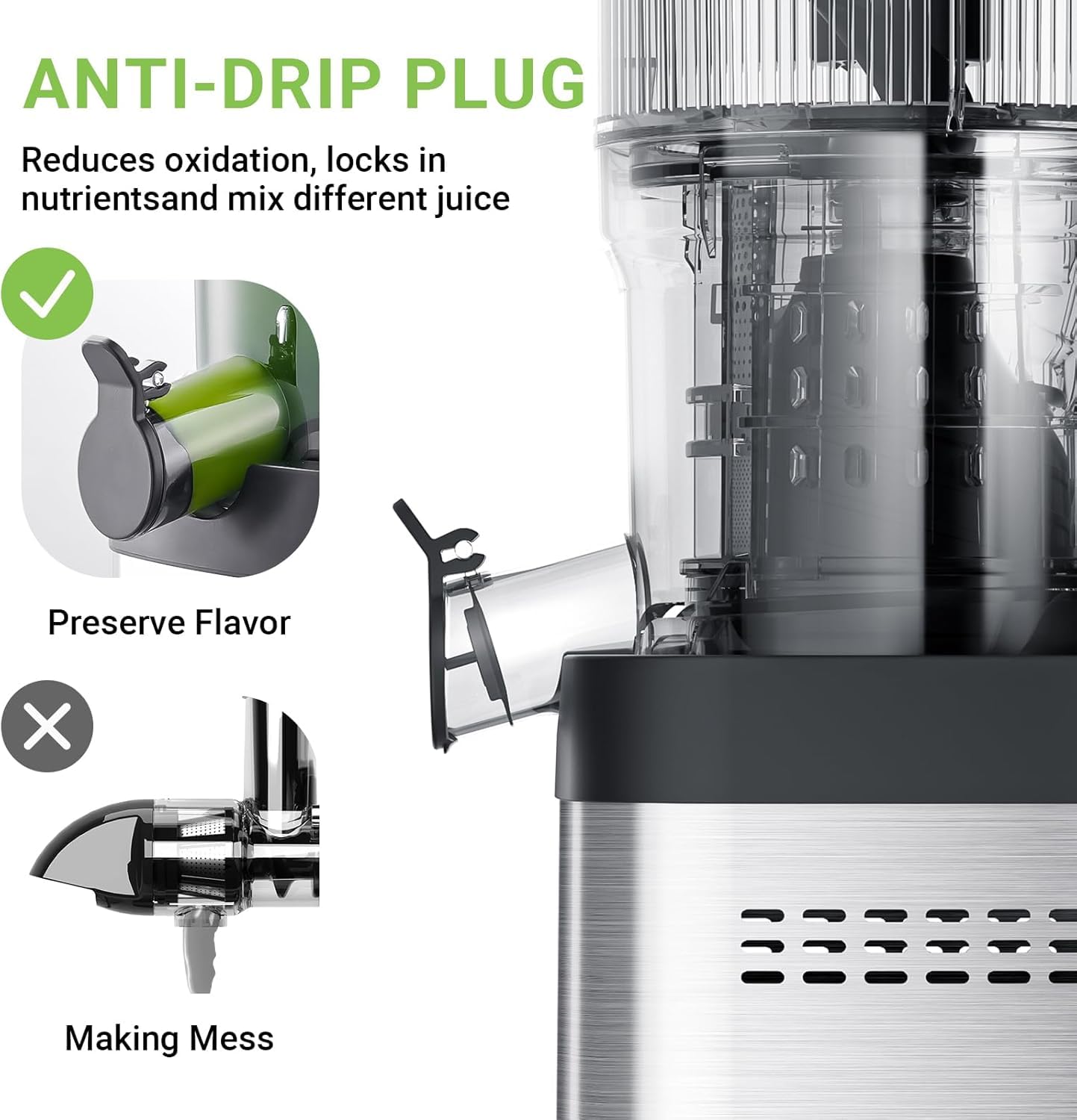 AMZCHEF Cold Press Juicer, Juicer Machines - 5.2" Large Feed Chute for Whole Fruits & Vegetables, Stainless Steel Slow Masticating Juicer Easy to Clean, Large Auger, Double Strainers, Silver