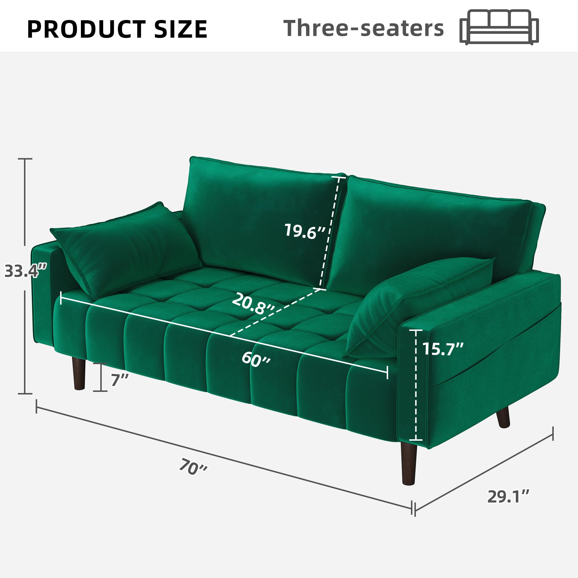 DWVO 70" Loveseat Sofa, Velvet Fabric Sofa Couch for Small Space, Modern Loveseat with Button Tufted Seat and Side Storage Pockect, 3 Seater Couch for Living Room Bedroom, 2 Pillows Included, Green