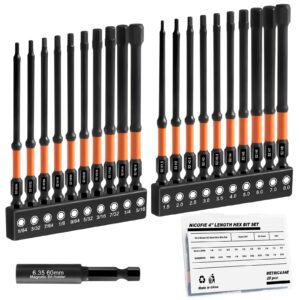 nicofie impact 4" long allen wrench drill bit set hex bit set 20pcs (metric&sae), 1/4" hex-shank s2 steel hex head, cnc machined tips with extension socket and storage box