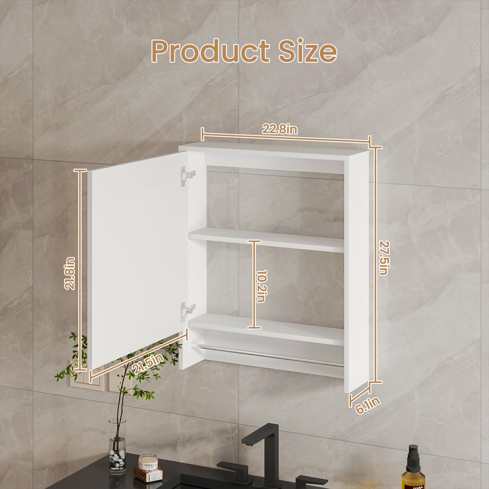 Lighted Medicine Cabinet with Mirror, Single Door Bathroom Mirror with Storage & Adjustable Shelves, Mirror Medicine Cabinet Wall Mounted with LED Lights, USBs, Towel Bar (22.8*6.1, Shelves)