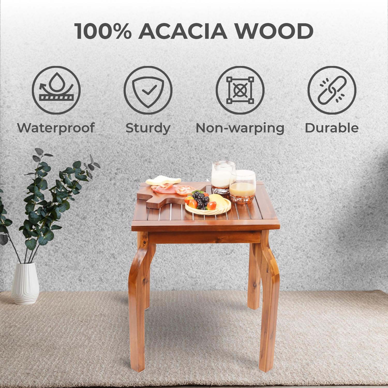 Nabytok 20" Coffee Table 100% Acacia Wood, Farmhouse Side Table, Small Side Tables, Slatted Top, Curve Table Legs, Narrow Nightstand, Wooden End Table for Entrway, Living Room, Bedrooom, Kitchen