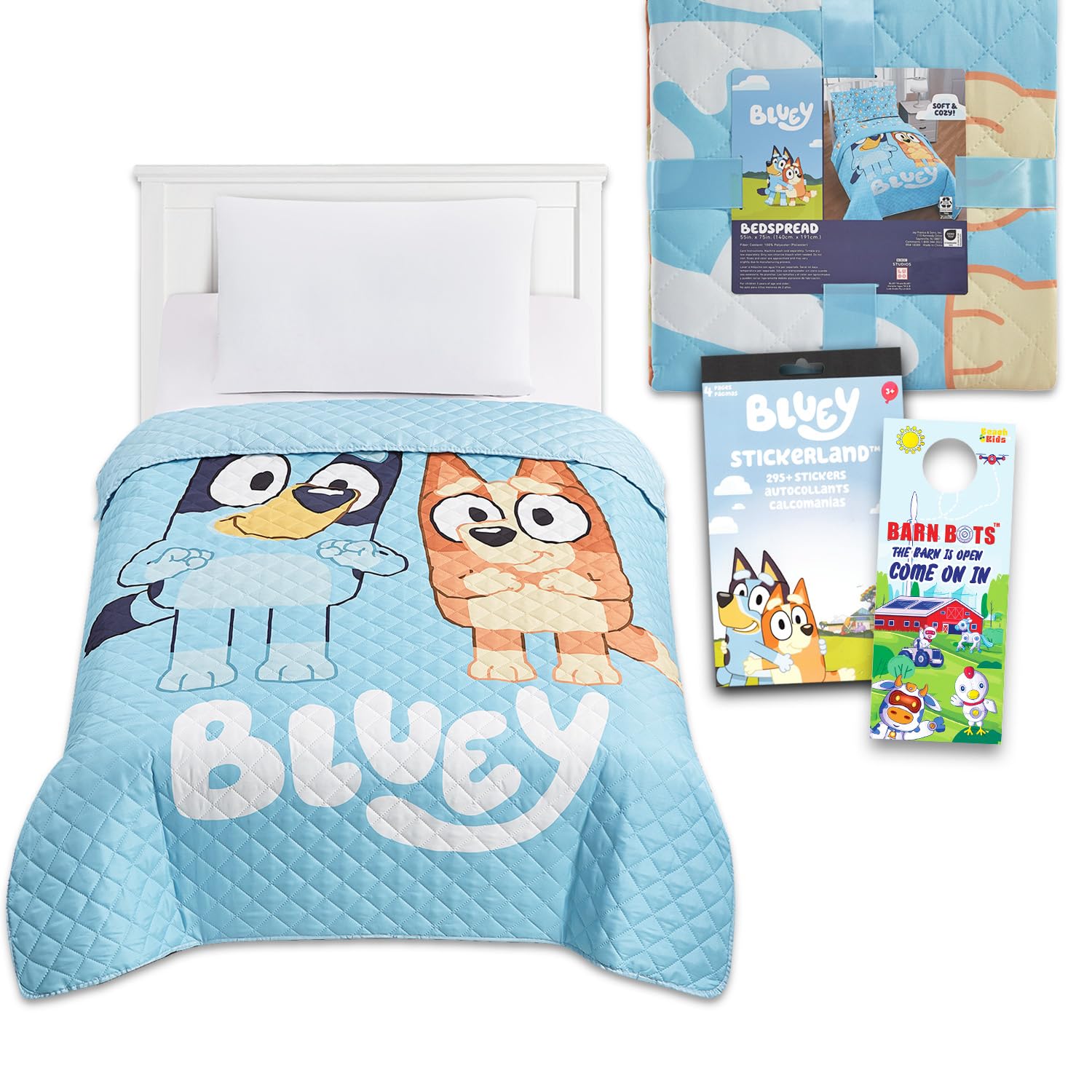 Bluey Bedspread Twin Set for Kids - Bundle with Bluey Quilted Bedspread for Twin Bed Plus Stickers, More | Bluey Twin Bedding Set for Boys, Girls