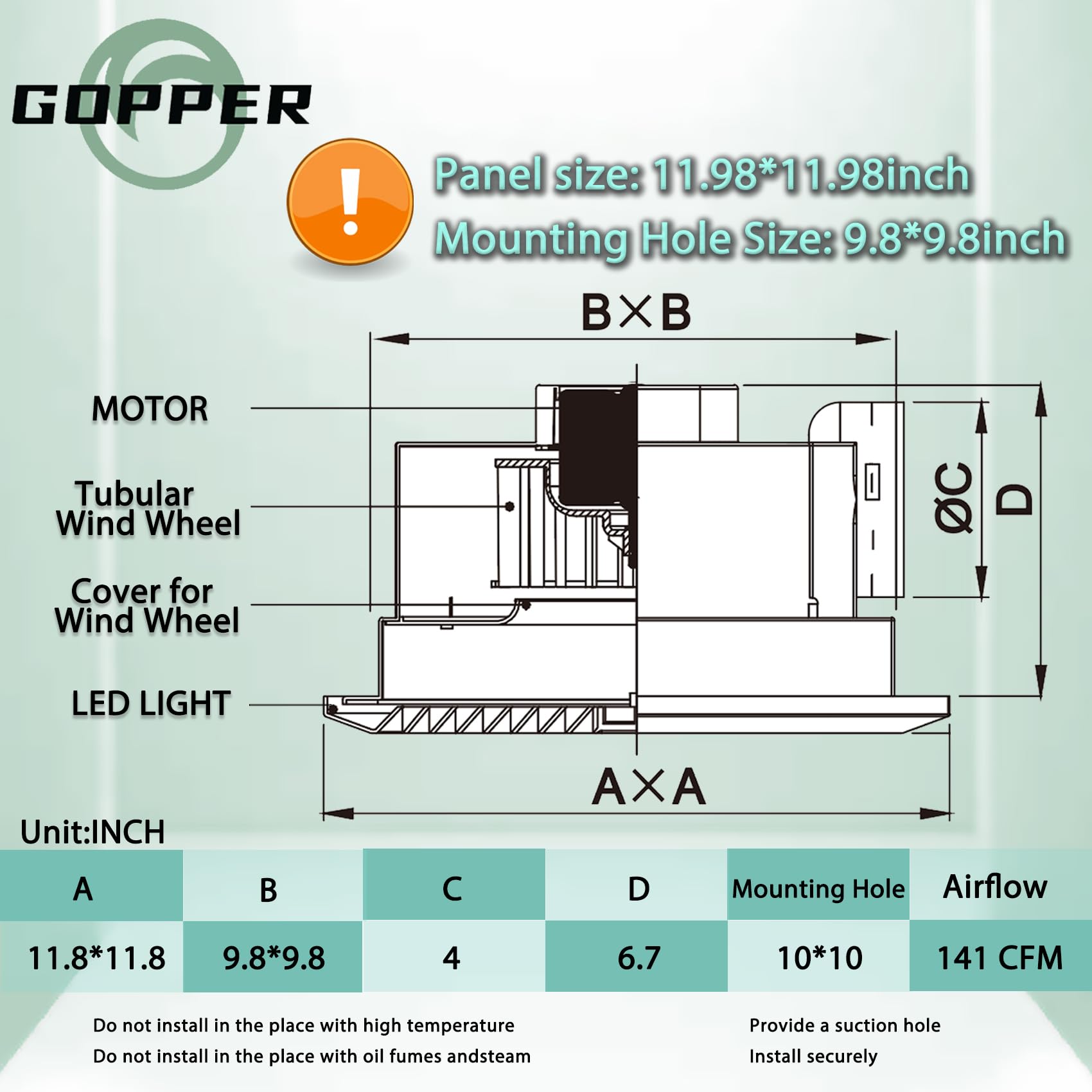 Gopper Bathroom Exhaust Fan with Light, Bathroom Fan with 12W 6000K LED Light Combo, 141CFM 1.0Sones Low Noise Bathroom Ventilation Fan for Home/Bath/Office/Hotel (12INCH)