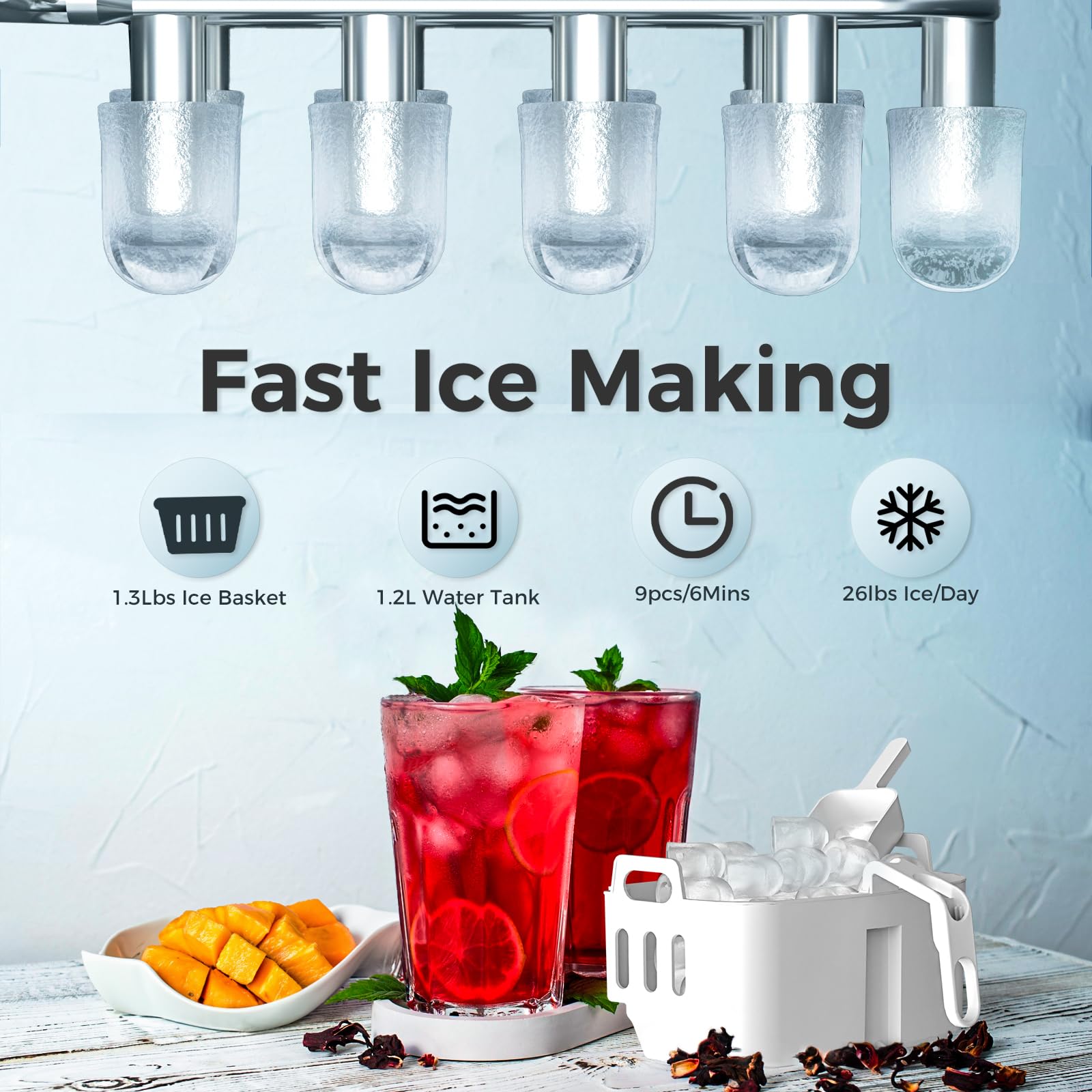 Ice Maker Countertop Self-Cleaning Portable Compact Small Mini Ice Machine with Handle,9 Bullet Ice Cubes in 6 Mins,26Lbs/24H, Bullet Ice Maker with Scoop and Basket for Home Indoor Outdoor Camping