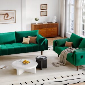 DWVO 70" Loveseat Sofa, Velvet Fabric Sofa Couch for Small Space, Modern Loveseat with Button Tufted Seat and Side Storage Pockect, 3 Seater Couch for Living Room Bedroom, 2 Pillows Included, Green