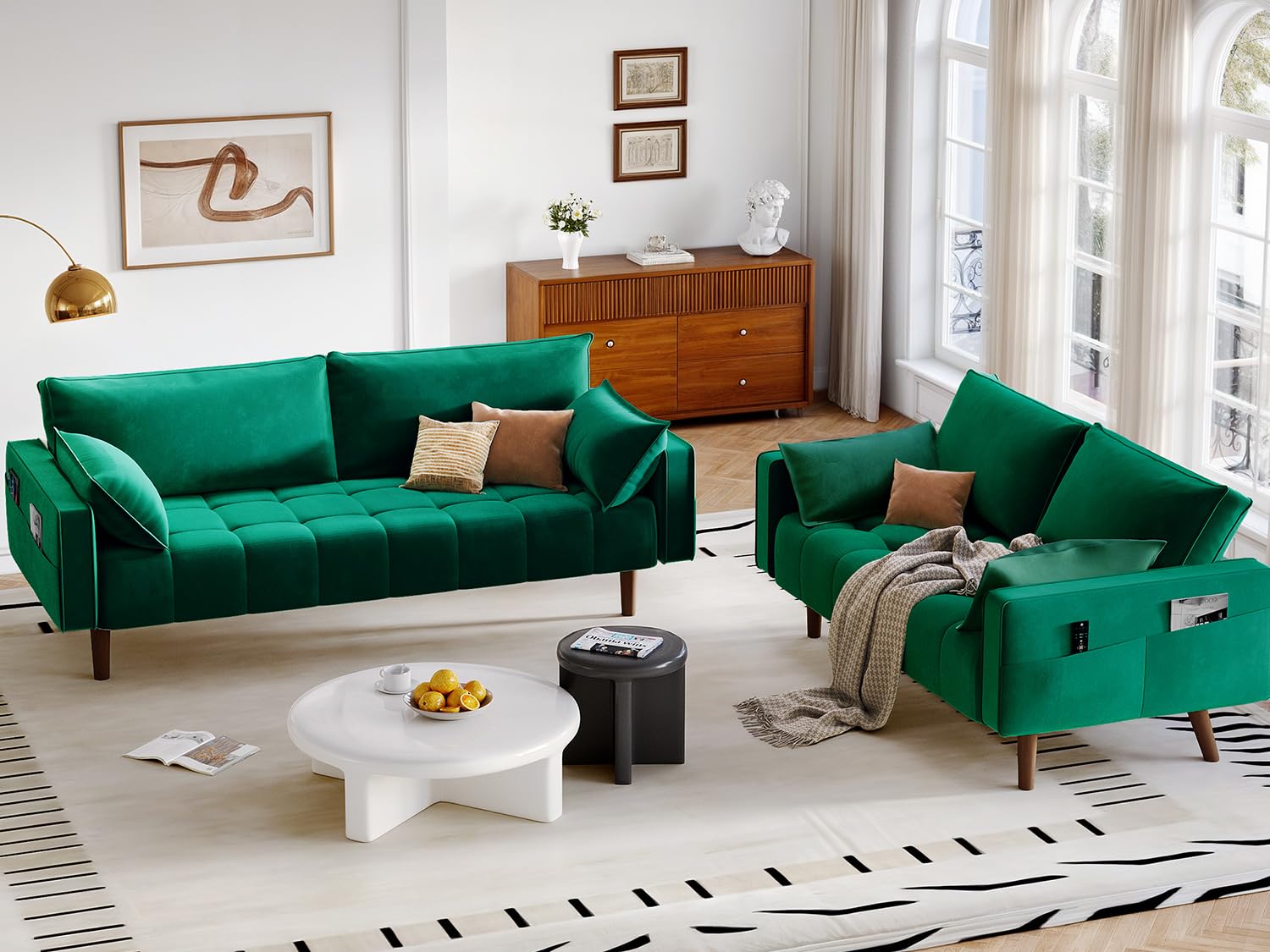 DWVO 70" Loveseat Sofa, Velvet Fabric Sofa Couch for Small Space, Modern Loveseat with Button Tufted Seat and Side Storage Pockect, 3 Seater Couch for Living Room Bedroom, 2 Pillows Included, Green